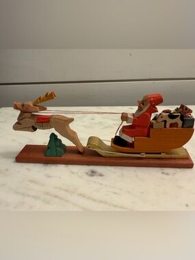 VTG Erzgebirge Germany Wood Santa Pulling Sleigh Figurine